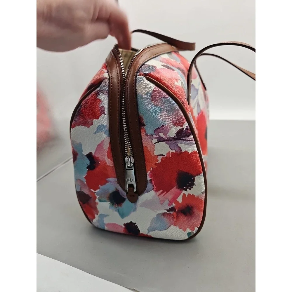 RL Floral Canvas Satchel Tote Bag Top Handle Zip Closure Structured‎ Purse